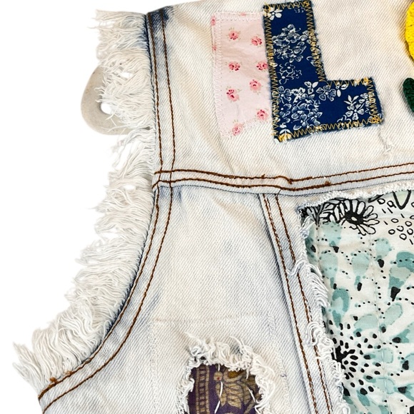 Pistola Boho Denim Distressed Vest Jacket Upcycled 3D Crochet Festival S/M - Picture 8 of 15